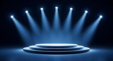 Tiered Circular Stage with Blue Spotlights and Dark Background photo