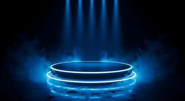 Futuristic Blue Lit Circular Stage with Smoke and Reflections in Dark Minimal Space photo
