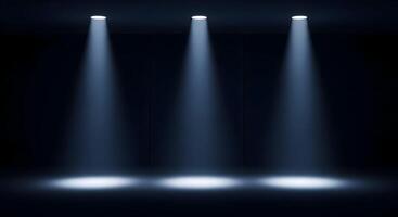 Minimalist Dark Blue Studio Scene with Three Overhead Spotlights and Reflections photo