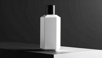White Hexagonal Bottle With Black Cap On White Surface photo