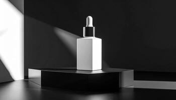 White Hexagonal Serum Bottle On Black Background photo