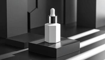 White Rectangular Serum Bottle On Black Geometric Platform photo
