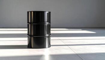 Glossy Black Oil Drum With Reflective Sheen On Concrete Floor photo