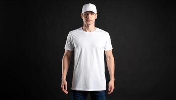 Full Length Statue With Blank Label Tshirt And Cap On Black photo