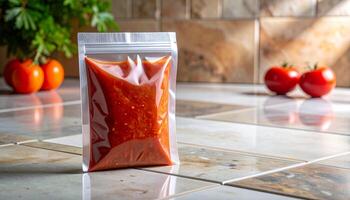 Translucent Chili Sauce Sachet With Liquid Level On Ceramic Tile photo