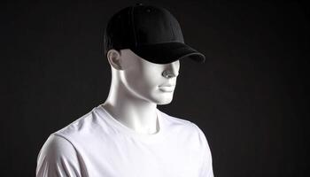 White Mannequin In Tshirt And Cap On Black Studio photo