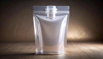 Translucent Spout Pouch With Flip Cap On Linen Dark Backdrop photo