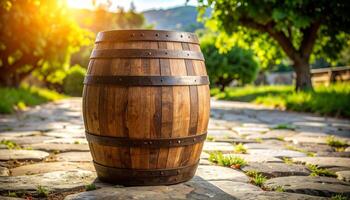 Aged Oak Wine Barrel With Weathered Look On Stone Floor photo