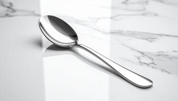 Plain Stainless Spoon On White Marble Surface photo