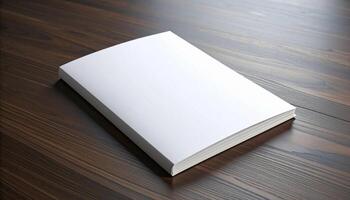 White Magazine On Wooden Table Low Key Lighting Atmosphere photo