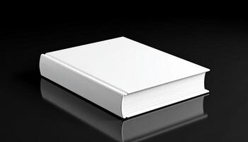 White Book On Glossy Black Table With Mirror Reflection photo
