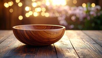 Plain Wooden Bowl On Wooden Table With Natural Grain Depth photo