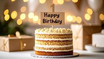 Cardboard Happy 1st Birthday Cake Topper On Layered Cake Paper Texture Detail photo