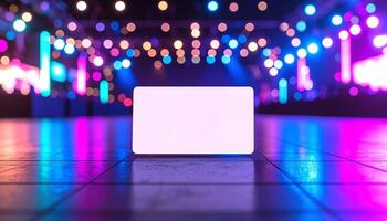 Neon Style Music Festival Business Card On Lighted Stage Floor Glow Effect Detail photo