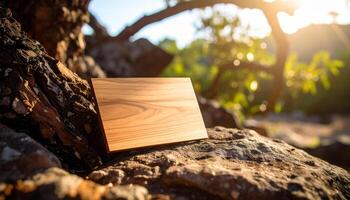 Wood Business Card On Natural Stone Surface With Grain Texture Detail photo