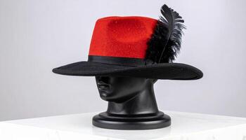 Red Fedora With Black Feather Accent On Marble Surface Color Contrast Detail photo