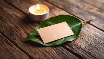 Leaf-Based Business Card On Antique Wood Table Fragile Texture Highlight photo