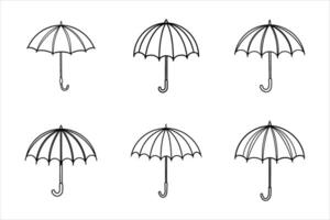 Six Black Line Drawings of Umbrellas on White Background vector