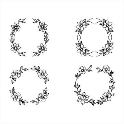 Four Black Floral Wreath Frames Flower Design Elements