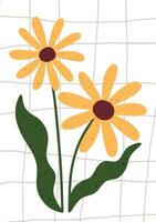 Hand drawn yellow flowers with green leaves on a simple grid background. vector