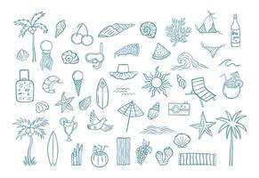 Summer vacation doodle icon set with hand drawn beach elements, fruits, drinks, ocean life, swimwear, waves and holiday symbols in sketch style hand drawn vector