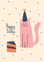 Hand drawn birthday card with cute cat in party hat, cake slice with candle, and minimal star background. Playful and modern celebration illustration. vector