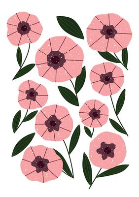Charming hand drawn pink flowers with dark centers and green leaves.
