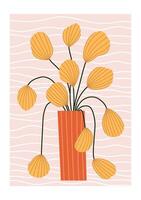 Hand drawn abstract vase with yellow flowers and modern wavy background. vector
