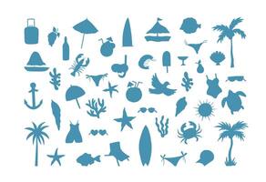 Summer beach vacation icon set with tropical elements, swimwear, sea animals, drinks, palm trees, shells and travel symbols in flat silhouette style vector