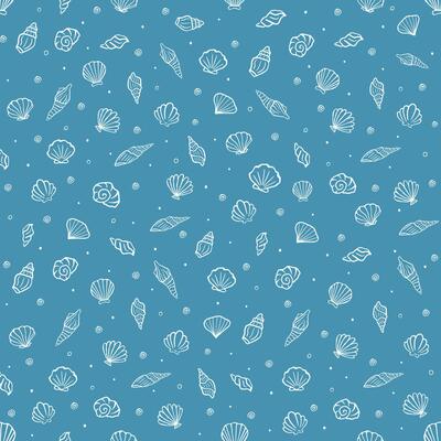 Seamless summer shell pattern with hand drawn sea elements and ocean doodles on blue background for beach fabric, wrapping, textile and wallpaper design