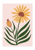 Hand drawn yellow flower with green leaves on soft pink background. vector