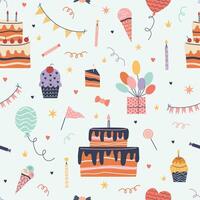 Hand drawn seamless birthday pattern with cakes, balloons, candles, ice cream, cupcakes, flags, and presents. Whimsical doodle style for party designs, surface prints, or wrapping paper. vector