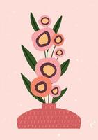 Abstract vase with round bold florals and clean green leaves. Cheerful and hand drawn. vector