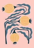 modern botanical print with hand drawn abstract yellow seed pods and wavy blue leaves on soft pink background for floral wall art and minimal decor vector
