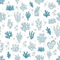 Seamless coral reef pattern with hand drawn underwater plants and seaweed elements on white background for ocean, summer, textile and wrapping design vector