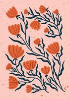 Hand drawn red flowers with dark leaves on peach background. vector