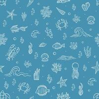 Seamless marine life pattern with hand drawn sea animals, waves, corals, shells, fish and underwater elements on blue background for summer and ocean designs vector