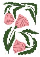 Delicate pink bell flowers with wavy green leaves in a whimsical hand drawn style. A soft and minimal floral design for creative projects and decor. vector