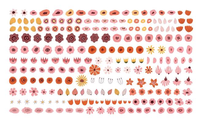 Big flower clipart set with petals, centers, leaves and stems. Perfect for DIY flower composition, logo design, branding or packaging. Whimsical and minimal shapes in hand drawn style.