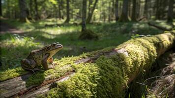 A frog sits on a log in a forest photo