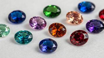 A group of colorful gems on a white surface photo