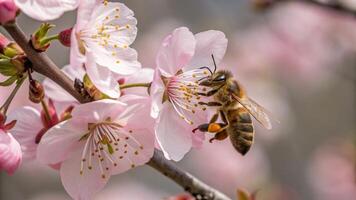 A bee is on a branch of a cherry tree photo