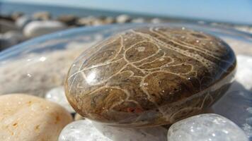 A rock with a pattern on it sitting on top of rocks photo