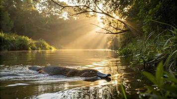 A duck swimming in the water with sunlight coming through the trees photo