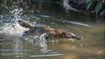 A platypus is jumping into the water photo
