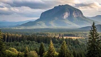 Mountain range with trees and mountains in the background photo