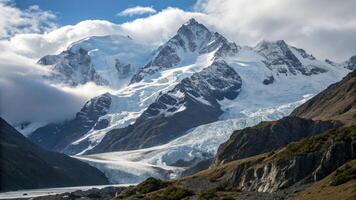 A large mountain with snow on top and a glacier photo