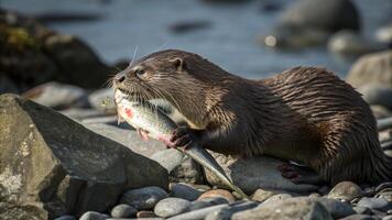 An otter is eating a fish on the rocks photo