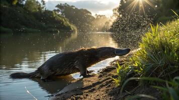 A beaver is standing in the water with its mouth open photo