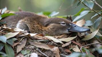 A duck laying in a nest with leaves photo